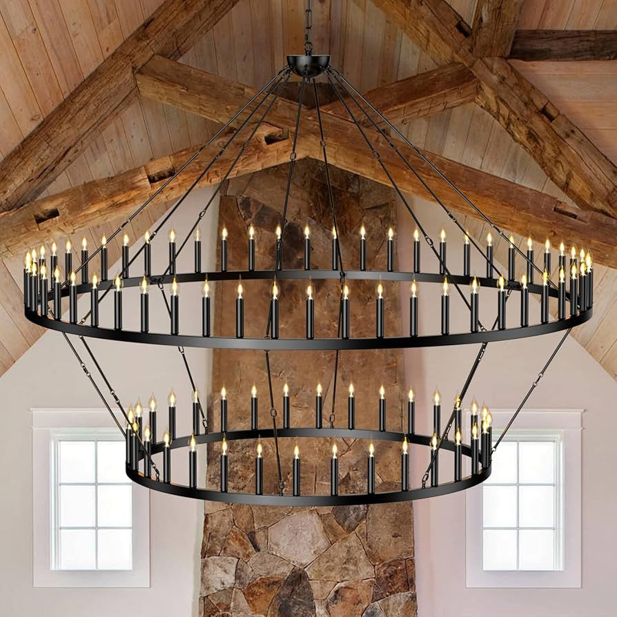 BAOURE 98in 88 Light Extra Large Farmhouse Wagon Wheel Chandelier Black Modern High Ceiling Chand... | Amazon (US)