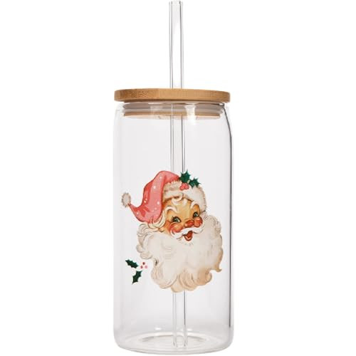 Sweet Water Decor Retro Santa Can Glasses with Lid and Straw Christmas Stocking Stuffers - Christmas Glasses Drinkware with Bamboo Lid for Iced Coffee & Cocktails - Christmas Themed Gifts Glass Can | Amazon (US)