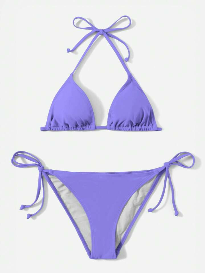SHEIN Swim Summer Beach Solid Triangle Tie Side Bikini Set | SHEIN