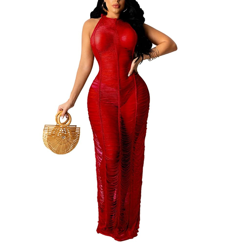Women Sexy Halter Sleeveless Mesh See Through Crochet Maxi Long Dress Backless Knitted Beach Biki... | Amazon (US)