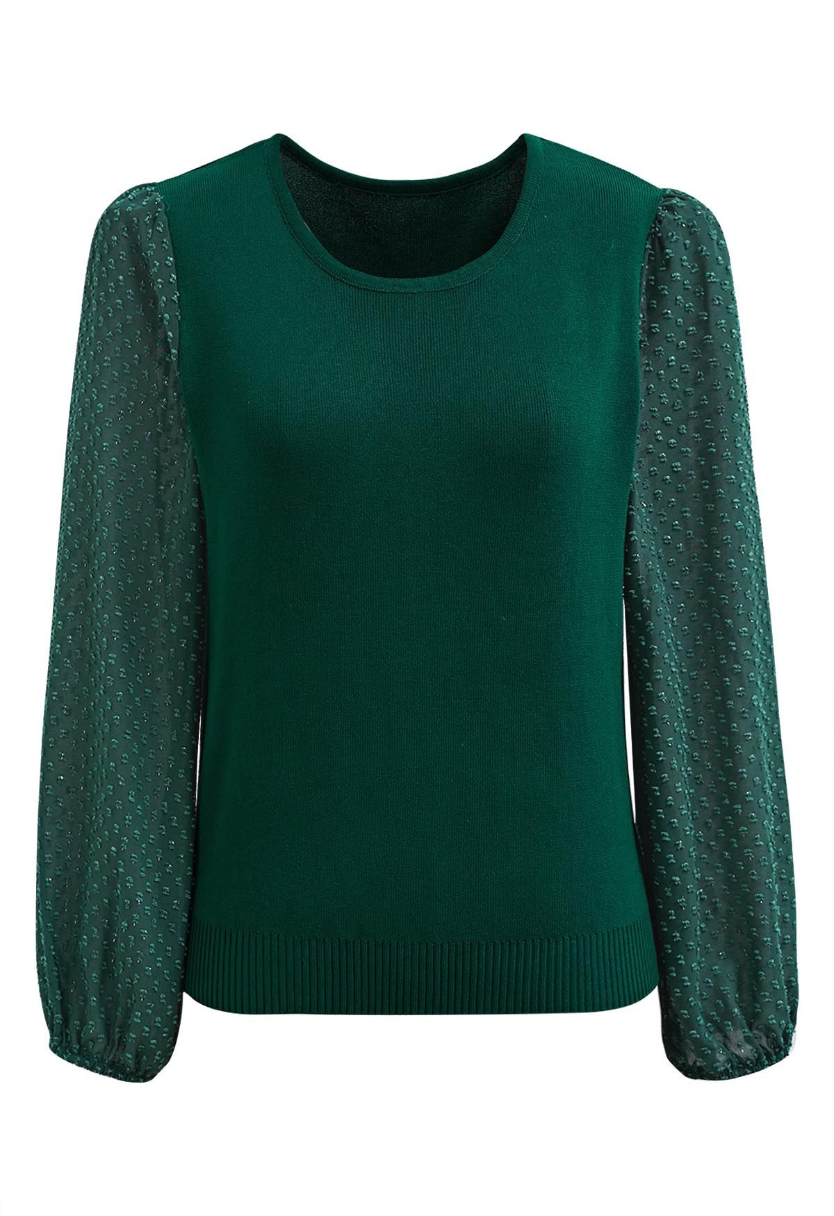 Flock Dot Sleeves Spliced Knit Top in Dark Green | Chicwish