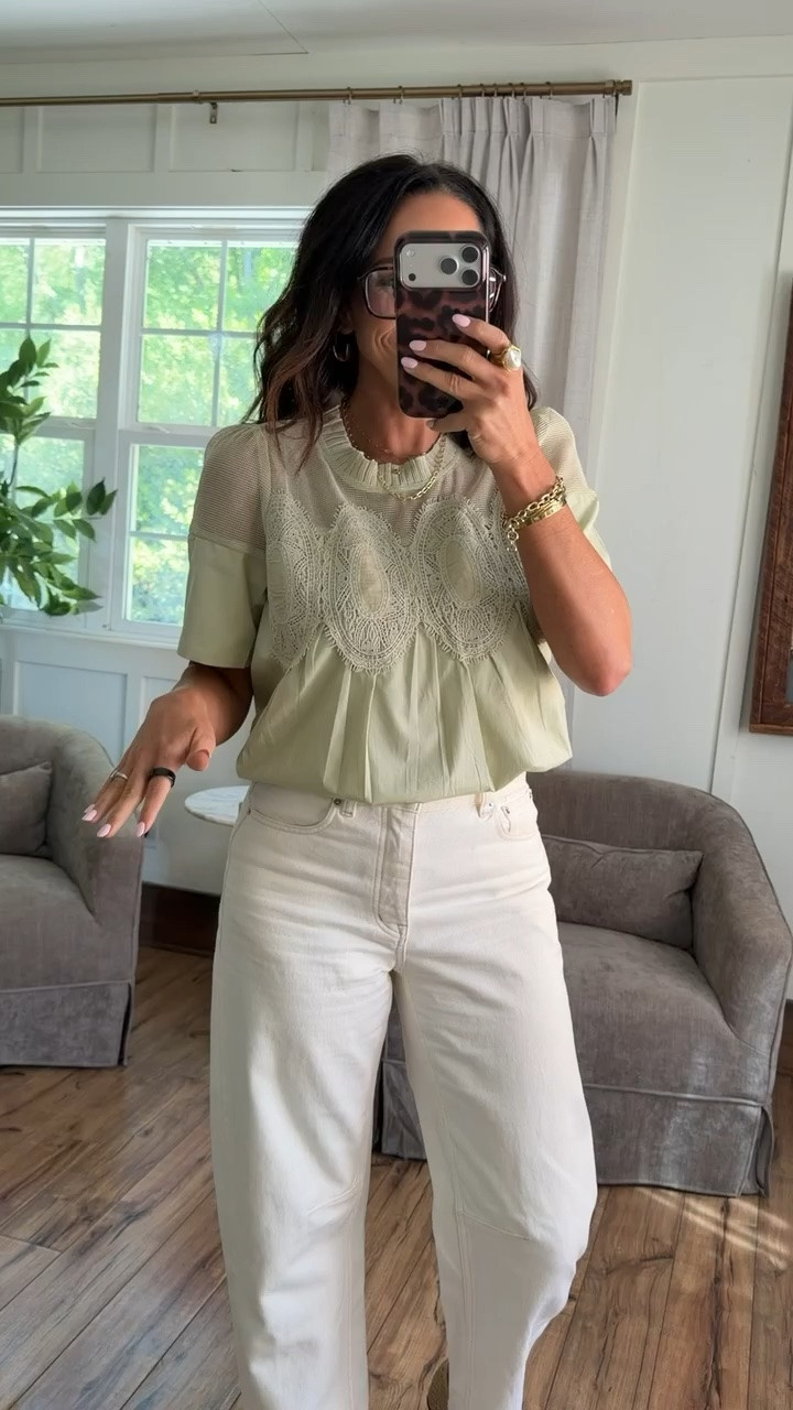 This Amazon top looks way more expensive than it is. 💚 The lace detail is so pretty, the soft sage color is perfect for summer, and it instantly dresses up a pair of white jeans. Such an easy piece to throw on when you want to look put together without trying too hard.

Size XS
5’3” for reference

#amazonfashion #amazonfinds #amazonstyle #affordablestyle #amazonoutfit #everydaystyle #summerstyle #falltransition #ltkstyle #amazonfashionfinds