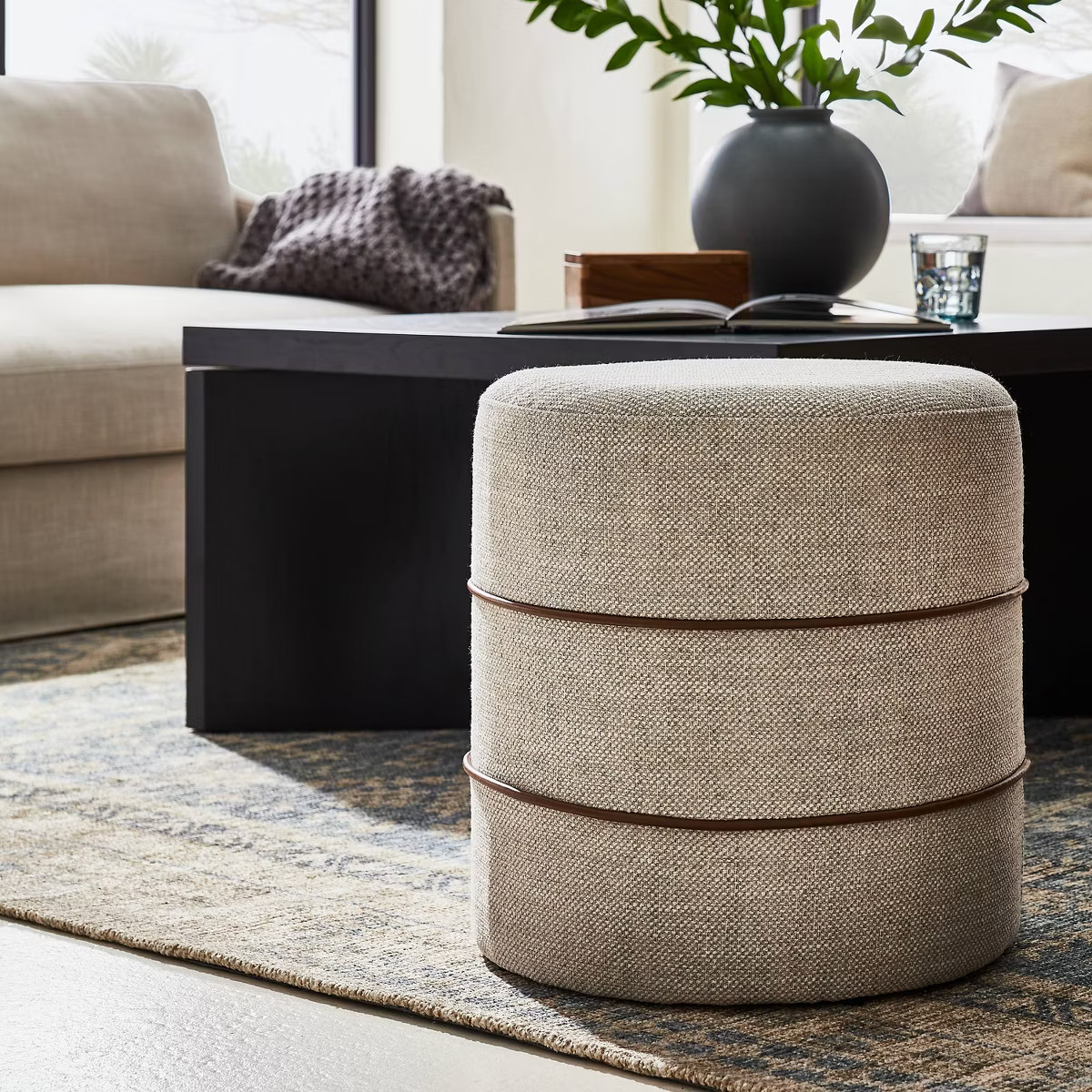Catalina Round Ottoman Cream with Leather Piping - Threshold™ designed with Studio McGee | Target