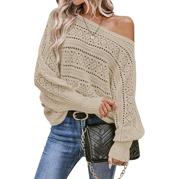 Verdusa Women's Off The Shoulder Sweater Crochet Dolman Sleeve Hollow Out Oversized Boat Neck Lon... | Amazon (US)