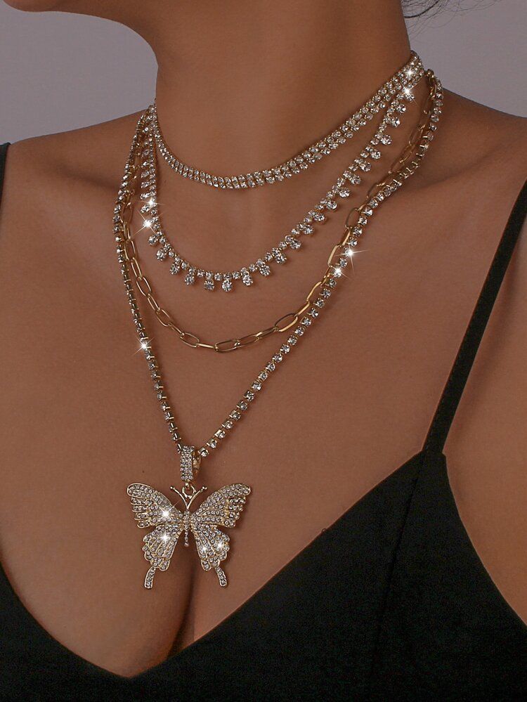 Rhinestone Butterfly Charm Layered Necklace | SHEIN