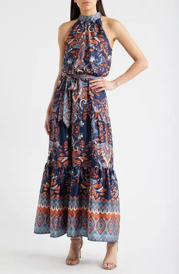 Julia Jordan Sleeveless Tiered Mock Neck Waist Tie Dress | Nordstrom | Nordstrom