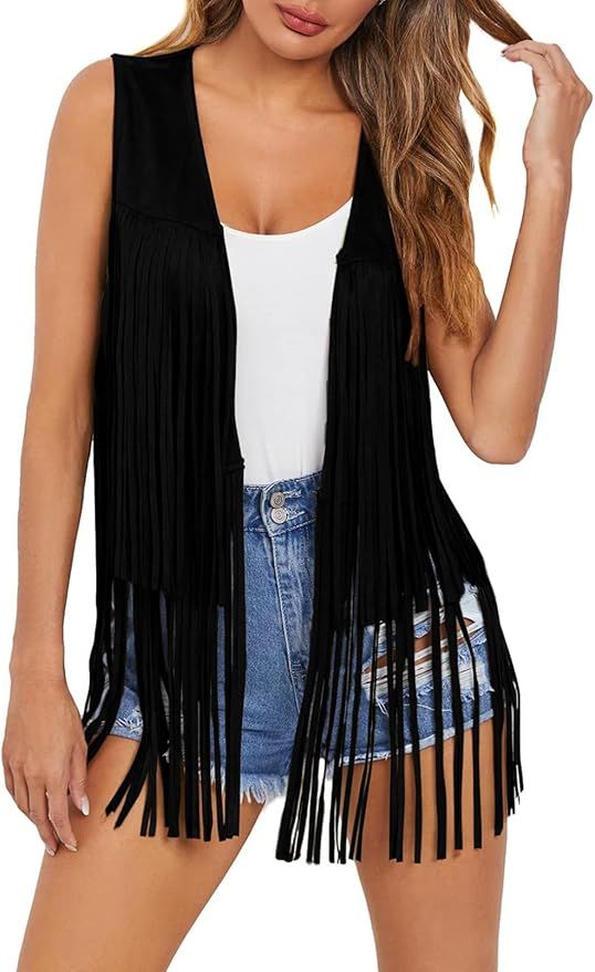 Dokotoo Womens Fringe Vest 70s Hippie Costume Sleeveless Cowgirl Western Faux Suede Tassel Leathe... | Amazon (US)