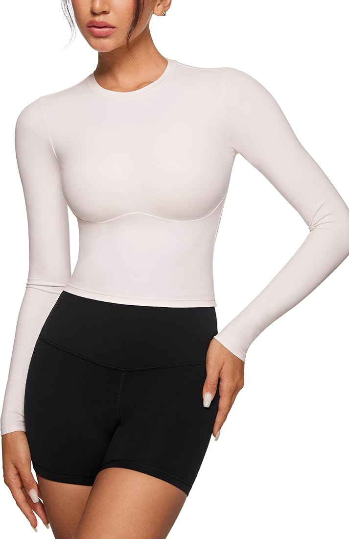 Womens Long Sleeve High Round Neck Crop Yoga Shirts Workout Slim Fit Casual Yoga Gym Tops | Amazon (US)