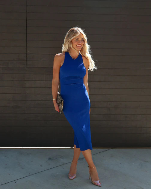 Mercedes Ribbed Knit Midi Dress - Navy | VICI