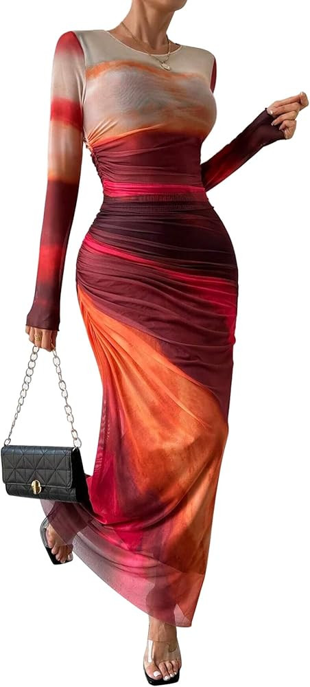 Women's Tie Dye Long Sleeve Maxi Dress Bodycon Ruched Night Out Formal Cocktail Long Dress for We... | Amazon (US)