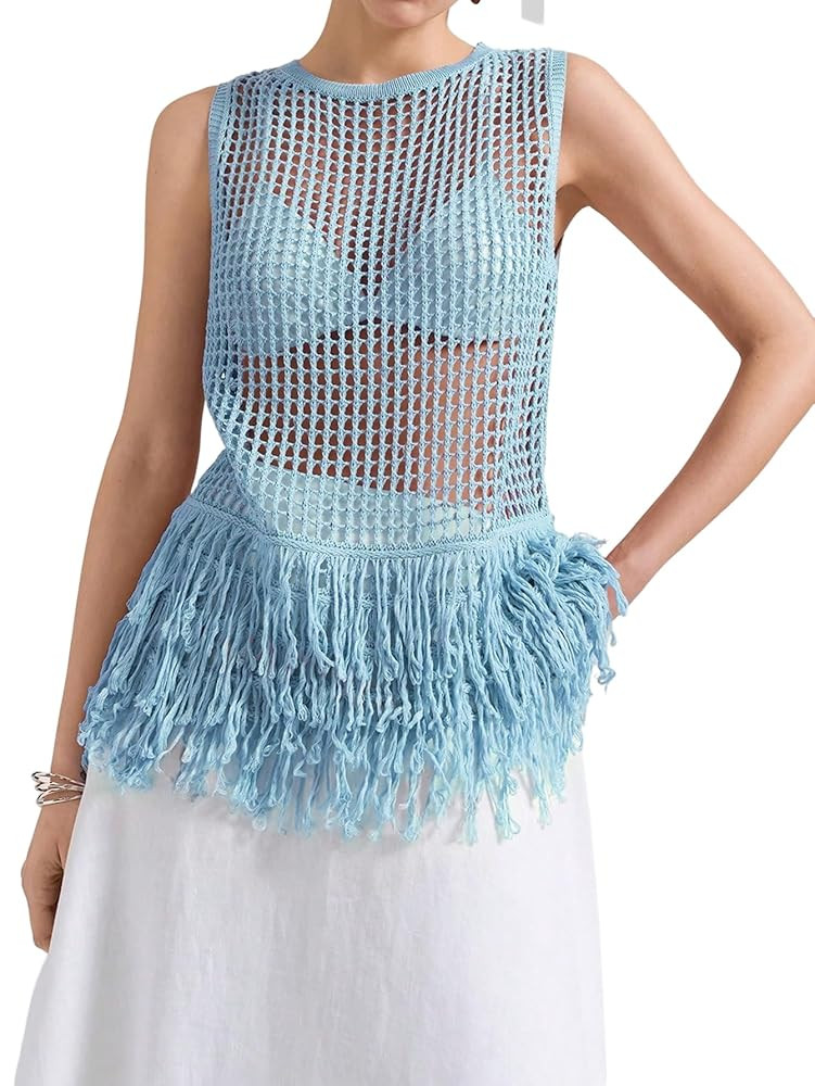 Milumia Women's Hollow Out Fringe Knitted Tank Top Sexy Sheer Sleeveless Long Sweater Vests | Amazon (US)