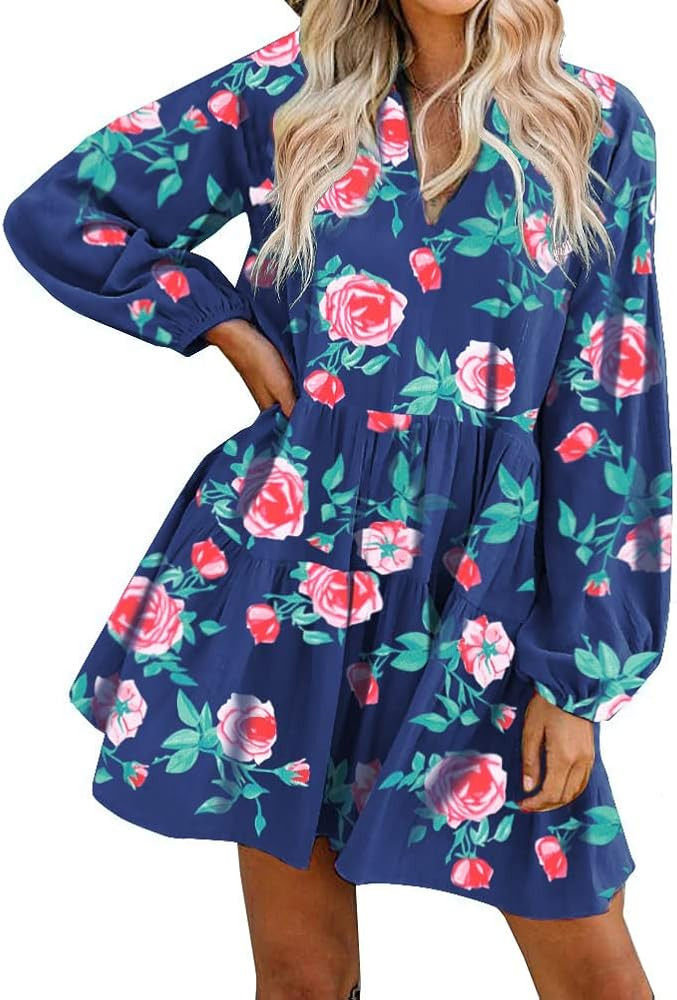 FANCYINN Women’s Cute Shift Dress with Pockets Bell Sleeve Ruffle Hem V Neck Loose Swing Tunic Mini  | Amazon (US)