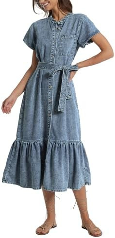 Kedera Summer Button Down Denim Shirt Dresses for Women Maxi Ruffle Short Sleeve Flowy Tiered Bea... | Amazon (US)