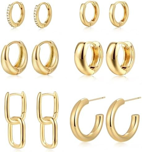 9 Pairs Small Gold/Silver Hoop Huggie Earrings Set for Women, 14K Gold Plated Chunky Hoop Small E... | Amazon (US)