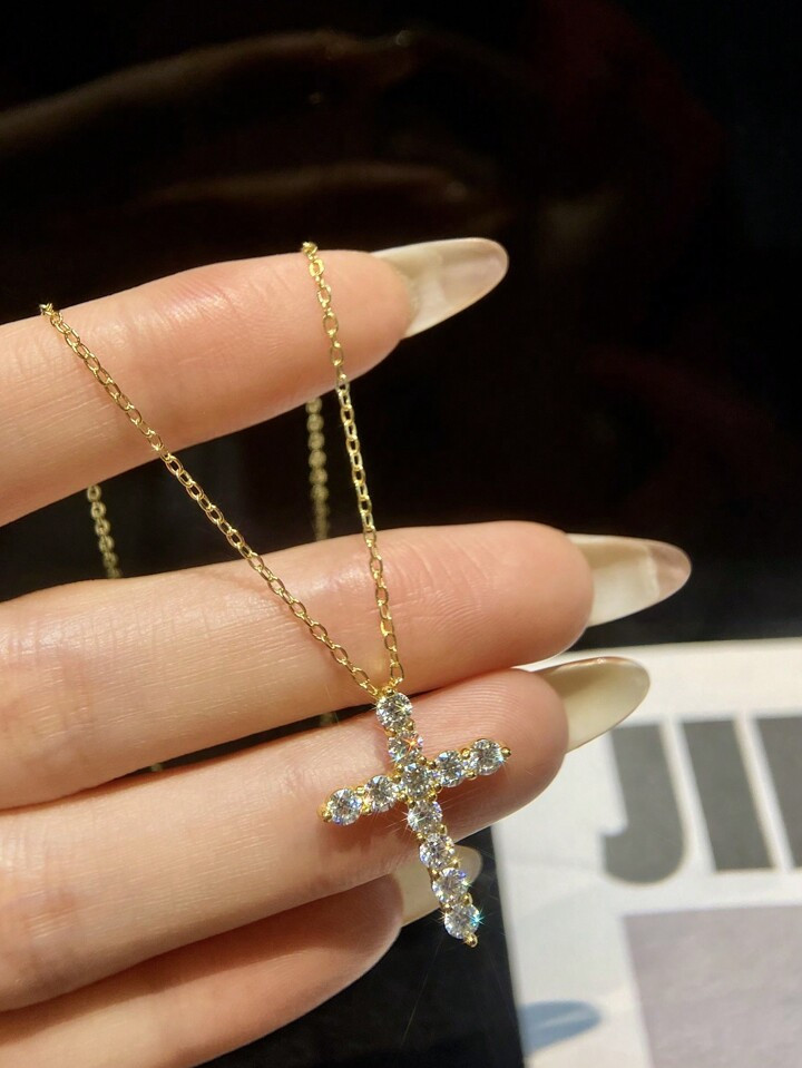 New1pc 0.1ct S925 Sterling Silver Moissanite Wedding Fashion Cross Necklace Promise Necklace Eter... | SHEIN