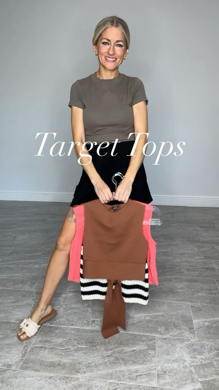 New tops from Target! $25 and under! Black and cream sweater is thick and soft, brown sweater has a tie detail in the back and pink linen top has buttons down the back. More colors available. Wearing black trouser shorts with all tops. 

#LTKfindsunder50 #LTKstyletip