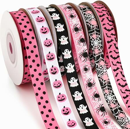 DECYOOL Pink Halloween Ribbon, 6 Rolls 60 Yards Spooky Grosgrain Ribbons | 3/8 inch Wide Pink Bla... | Amazon (US)