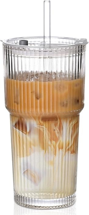 20oz Ribbed Glass Cups with Lids and Straws,1PCS Glass Tumbler with Straw and Lid,Iced Coffee Cup... | Amazon (US)