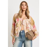 Floral Chiffon Ruffle Blouse, ivory | PrettyLittleThing US