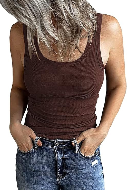 GEMBERA Women's Sleeveless Scoop Neck Ribbed Tank Tops Fitted Basic Cami Tee Shirts | Amazon (US)