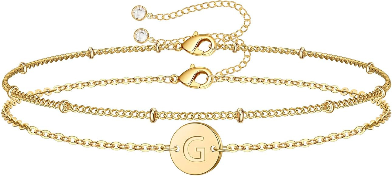 Gold Initial Bracelets for Women Girls, Dainty 14K Gold Filled Layered Beaded Letter Initial Brac... | Amazon (US)
