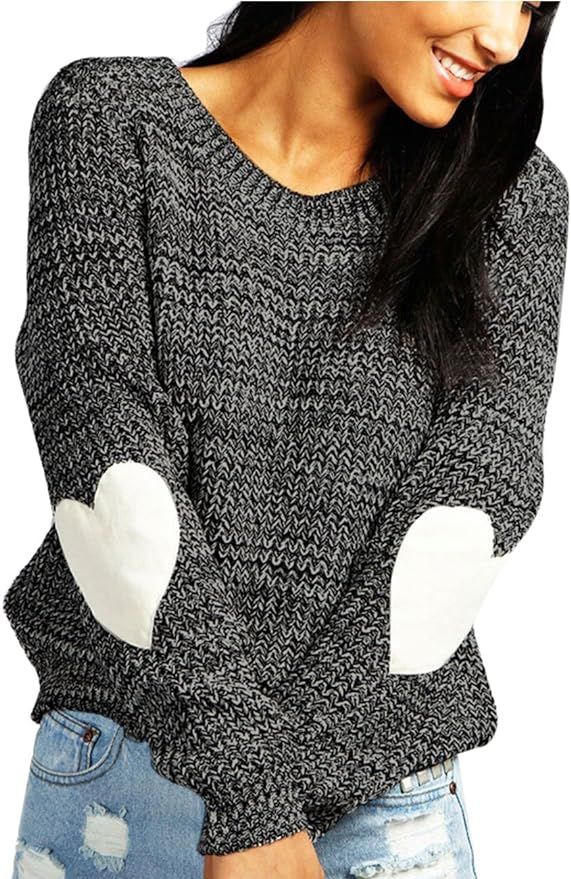 shermie Women's Cute Heart Pattern Patchwork Casual Long Sleeve Round Neck Knits Sweater Pullover | Amazon (US)