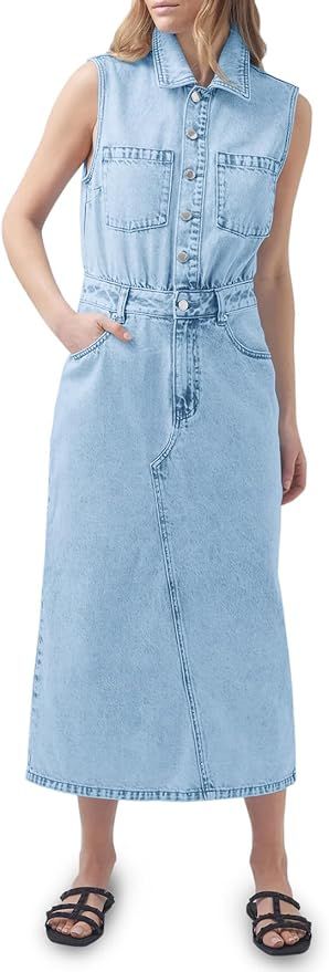Fisoew Womens Sleeveless Denim Dress Button Down Collared Neck Jean Dress Casual Back Split Midi ... | Amazon (US)