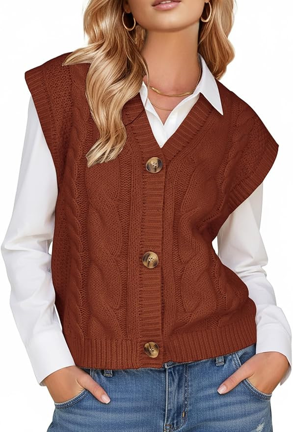 EXLURA Women's Fall Fashion Sweaters Vest Tops Sleeveless Button Down V Neck Chunky Cable Knit Ca... | Amazon (US)