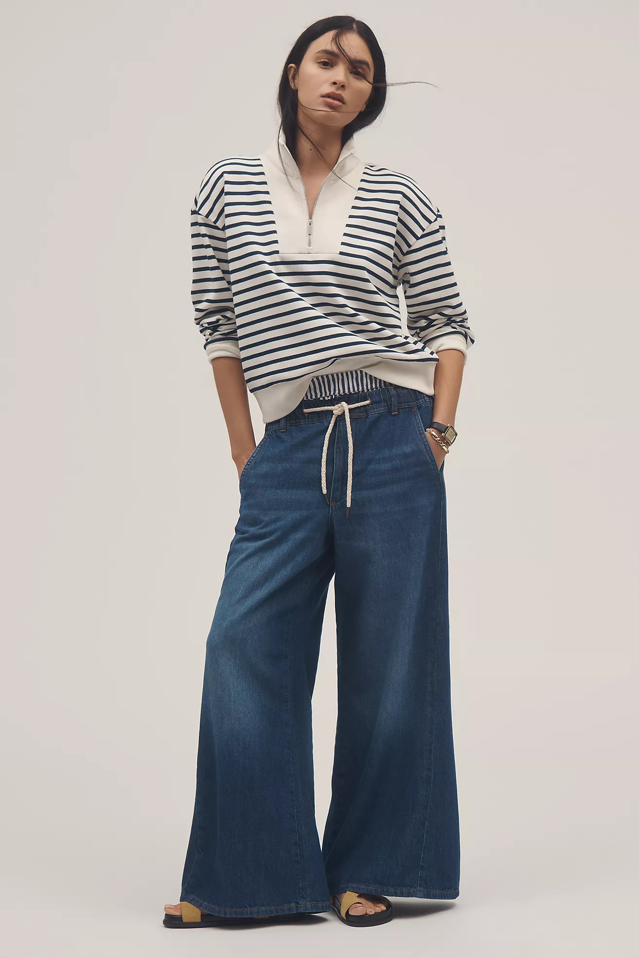 The Adi Mid-Rise Frayed Relaxed Flare Jeans by Pilcro: Pull-On Edition | Anthropologie (US)