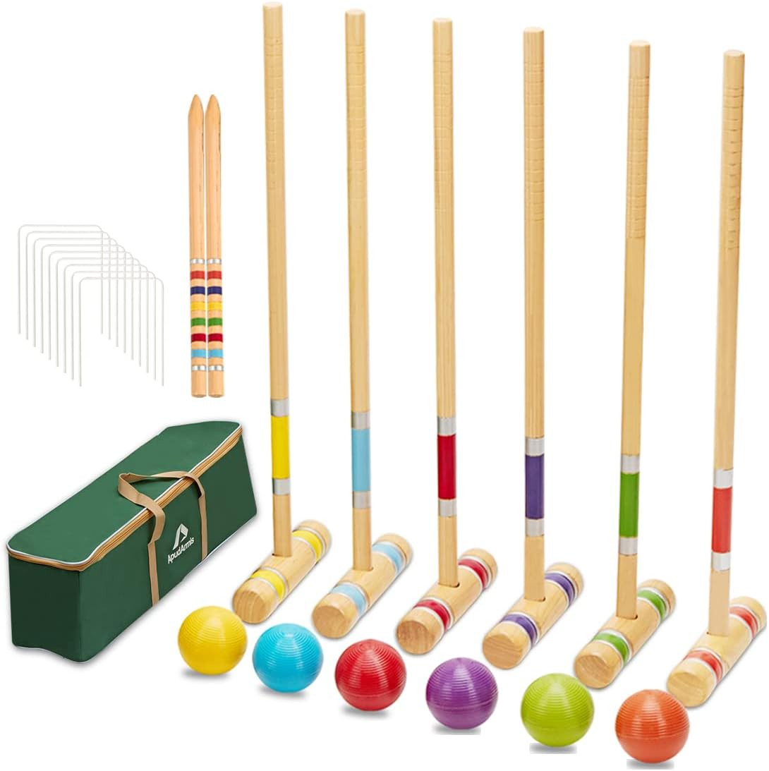 ApudArmis Six Player Croquet Set with Premiun Rubber Wooden Mallets 28In,Colored Ball,Wickets,Sta... | Amazon (US)