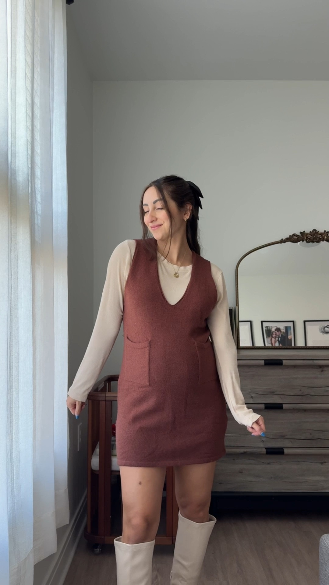 brown v neck sweater dress // cream long sleeve ribbed layering t-shirt // tall white knee high boots

wearing size S top + dress

#LTKStyleTip #LTKBump #LTKPetite