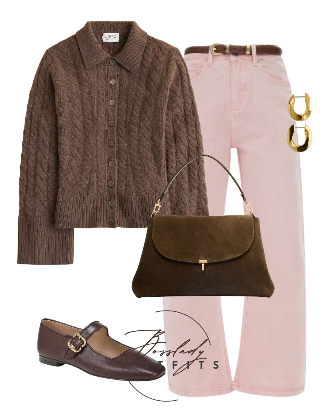 Styling my favorite color combo of the season! This cozy J.Crew collared cable knit cardigan in rich chocolate brown pairs perfectly with soft pastel pink straight-leg denim for an elevated, transitional outfit. I completed the look with trending dark brown Mary Jane flats, a classic suede shoulder bag, and everyday chunky gold hoops. Perfect for a casual office day, weekend brunch, or early spring styling.

#LTKbag #LTKstyletip #LTKshoes