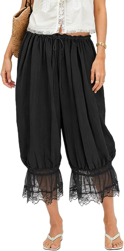 Bloomers Pants for Women Y2K Lace Trim Pants Vintage Pantaloons Cute Ruffled Pumpkin Long Pants Capri Pajama Bottoms | Amazon (US)