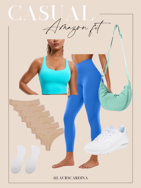 Casual amazon fit! Pair a turquoise cropped tank with bright blue leggings, a turquoise padded sling bag, thong underwear, no show socks, and Nike sneakers. 

Athleisure, ootd, casual style, Amazon fashion, workout outfit, spring outfit 

#LTKstyletip #LTKfitness #LTKfindsunder50