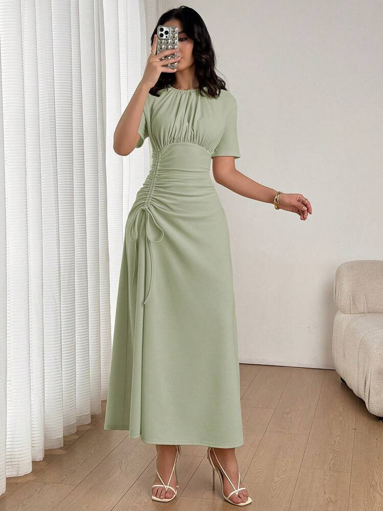 Firerie Women's Elegant Casual Commute Daily Apricot Round Neck Short Sleeve Ruched Drawcord Wais... | SHEIN