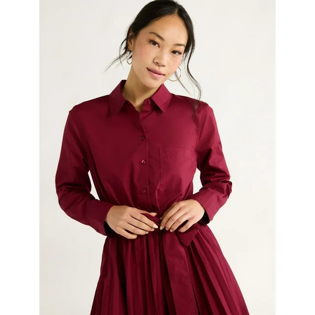 Free Assembly Women’s Pleated Mini Shirtdress with Long Sleeves, Size XS-XXL | Walmart (US)