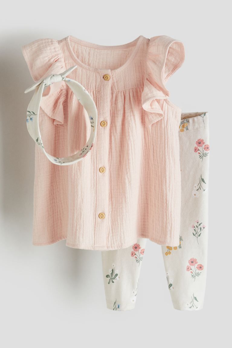 3-piece Cotton Set - Light pink/floral - Kids | H&M US | H&M (US + CA)