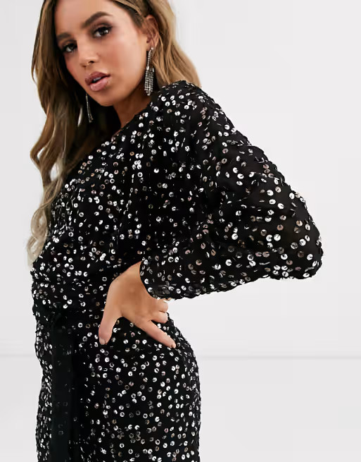 ASOS DESIGN mini dress with batwing sleeve and wrap waist in scatter sequin | ASOS (Global)