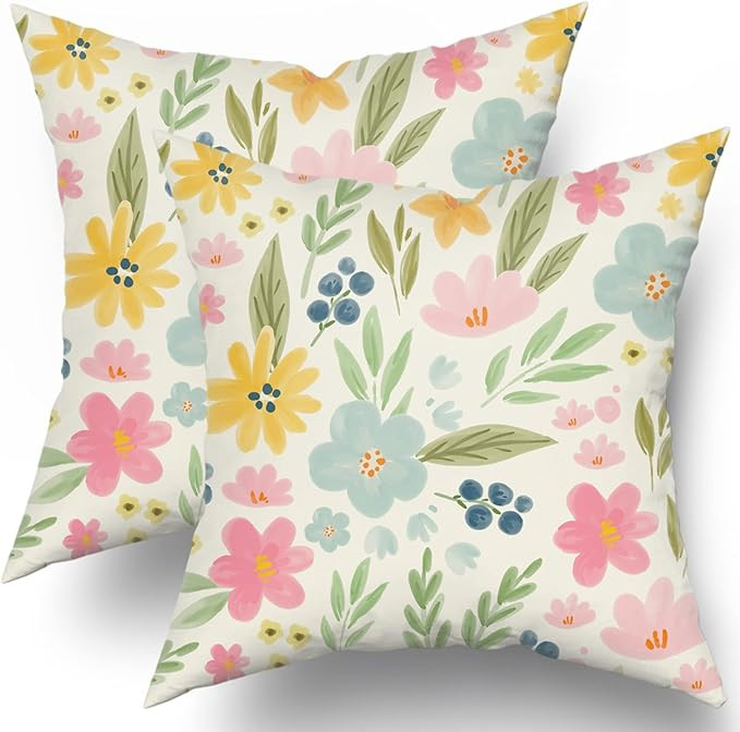 Sweetshow Spring Floral Pillow Covers 18x18 Set of 2 Cute Watercolor Yellow Pink Blue Flower Leaf... | Amazon (US)
