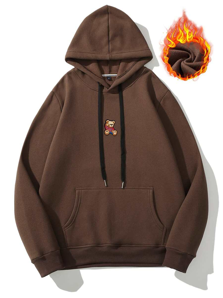 Men Bear Embroidery Kangaroo Pocket Drawstring Thermal Hoodie SKU: sm2206244661686483(100+ Review... | SHEIN
