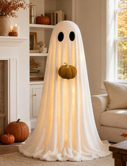 Halloween Decorations Indoor 3.6FT Light-Up Sherpa Ghost with Pumpkin | Amazon (US)