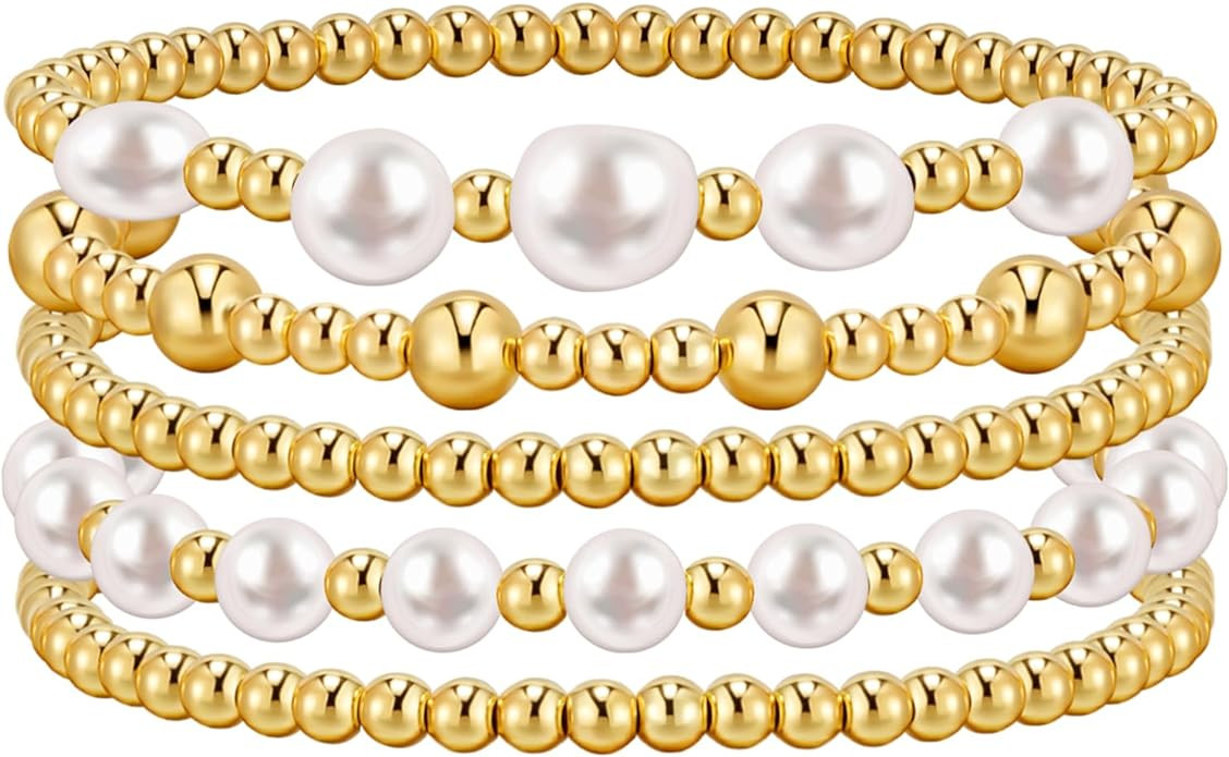 adoyi Gold Bracelets for Women Beaded Bracelet 14K Gold Plated Bracelet Stack Strand Stretch Bead... | Amazon (US)