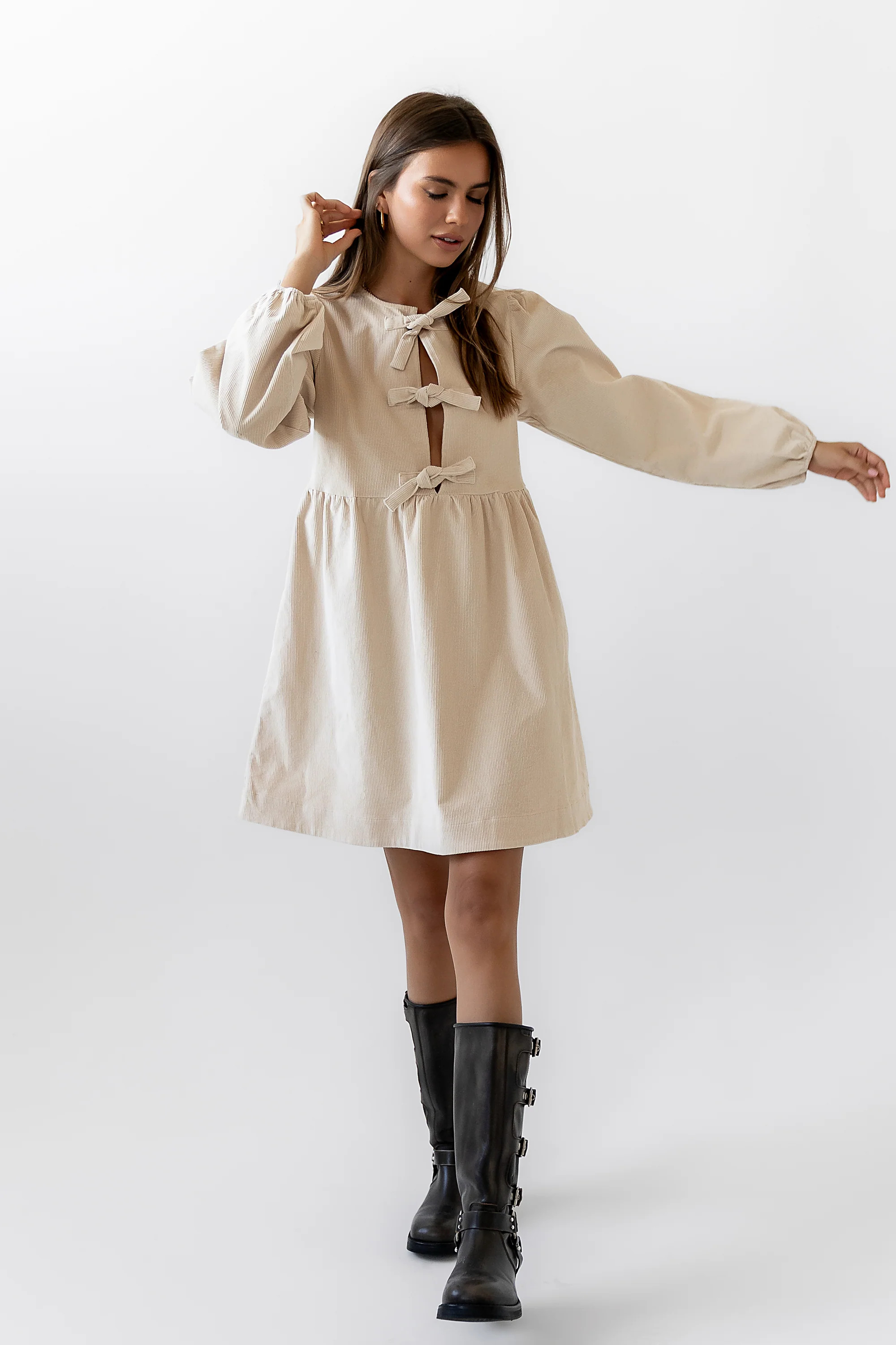 Tyler Peplum Mini Dress in Ivory Corduroy | Böhme US