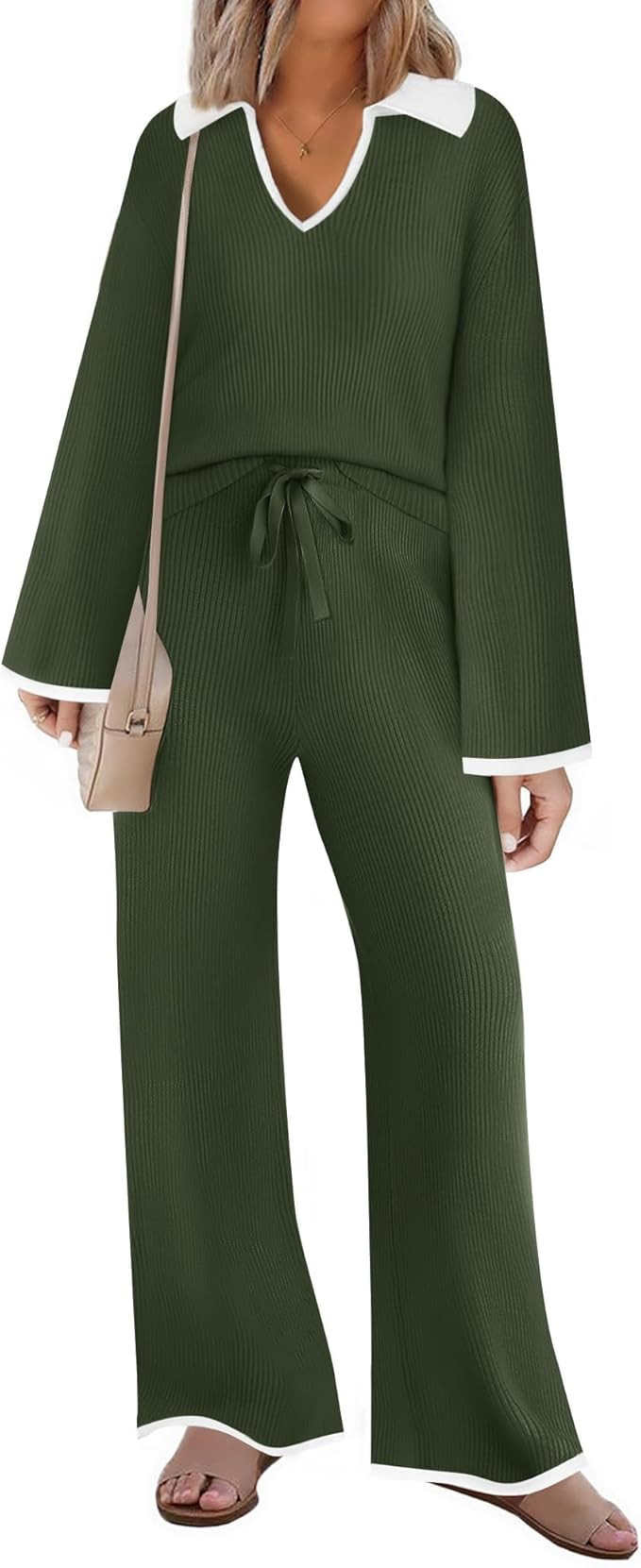 ZESICA Women's Two Piece Thin Sweater Lounge Sets 2024 Fall Winter Oversized Knit Pullover Wide L... | Amazon (US)