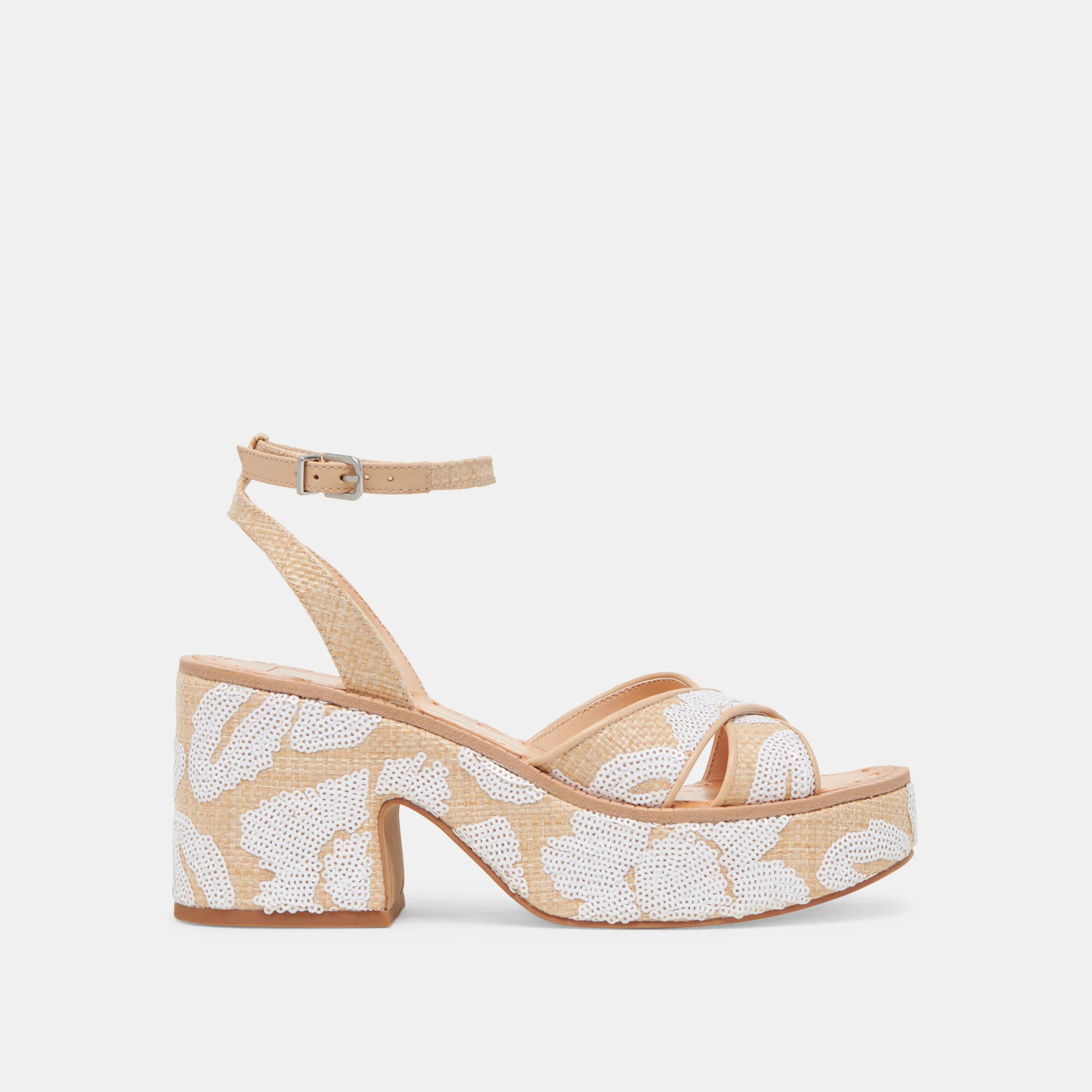ENIKO HEELS NATURAL MULTI FLORAL SEQUIN | DolceVita.com