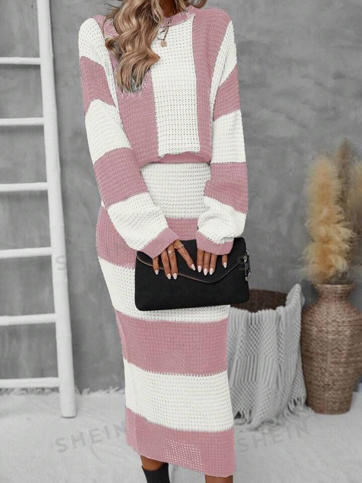 SHEIN LUNE Two Piece Striped Sweater Set In Contrast Colors | SHEIN