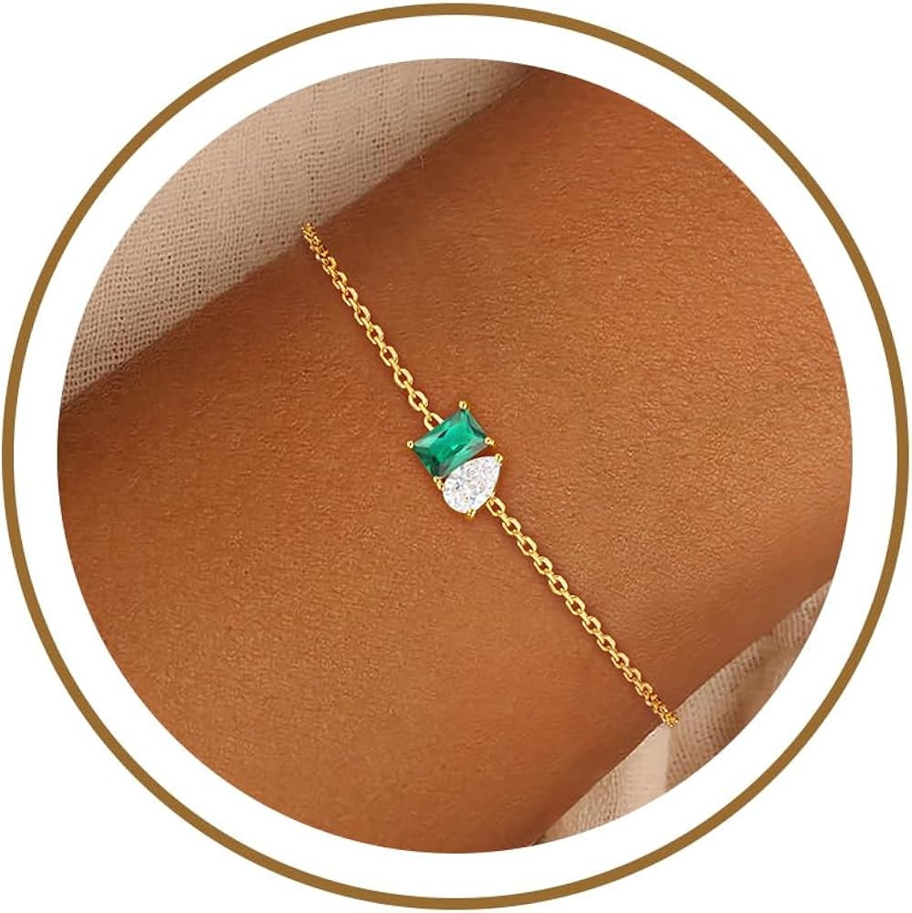 Honsny Birthstone Gold Bracelets for Women Trendy Non Tarnish 14K Gold Plated Dainty Diamond Char... | Amazon (US)