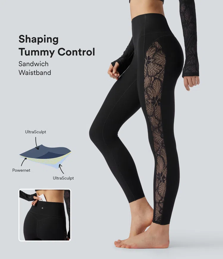 Women’s Halara UltraSculpt™ High Waisted Tummy Control Contrast Lace Yoga Leggings with Pocke... | HALARA