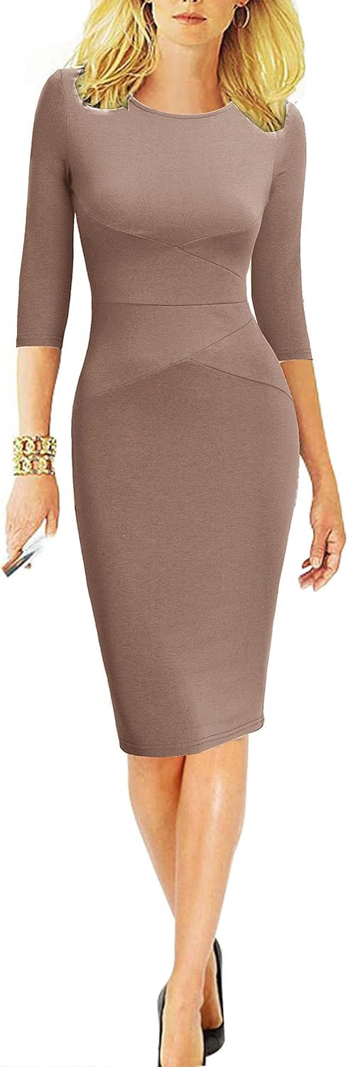 REPHYLLIS Women 3/4 Sleeve Striped Wear to Work Business Cocktail Pencil Dress | Amazon (US)