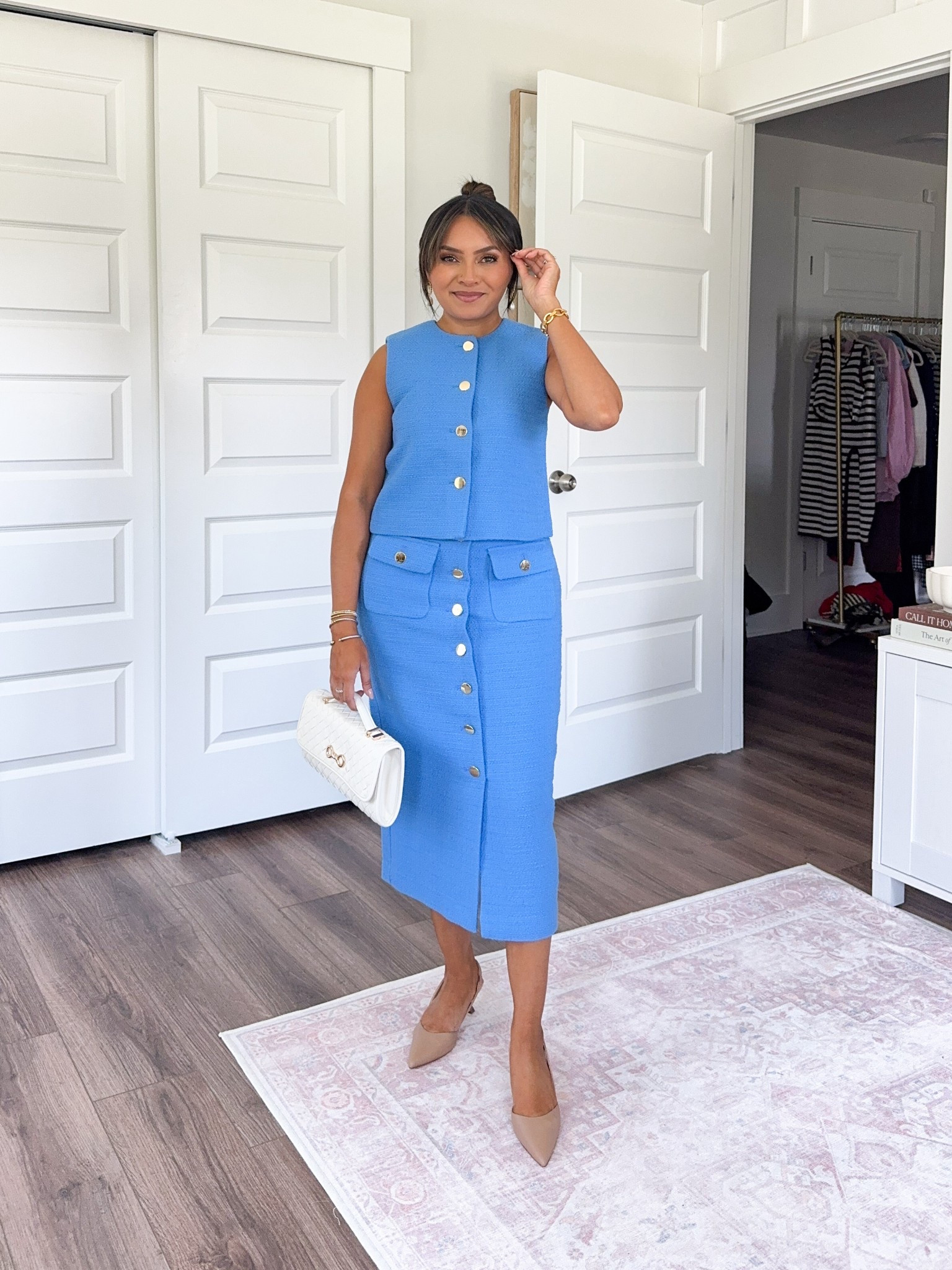 Blue tweed vest size 00 petite TTS - roomy fit so i sized down a size 
Blue tweed skirt size 2 petite TTS
Tan heels size 5 TTS


#LTKWorkwear #LTKSaleAlert #LTKPetite